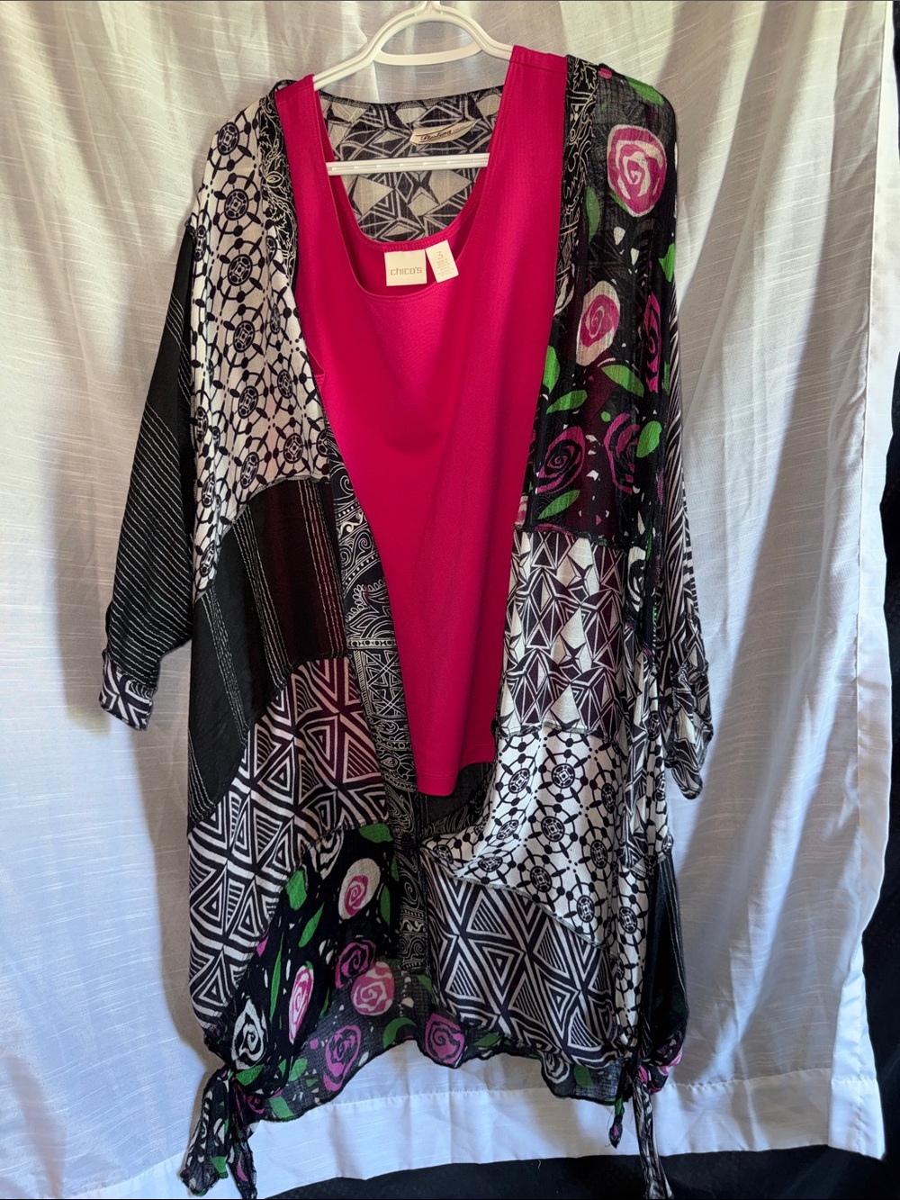 Chico's Black & White Patchwork Kimono with Pink Accent